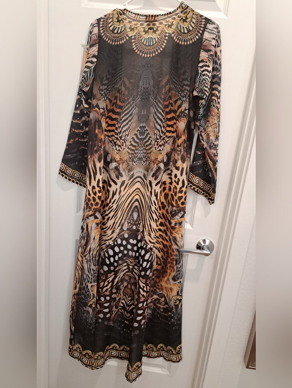 Long Animal Print Sheer Kimono Cover-Up in Brown